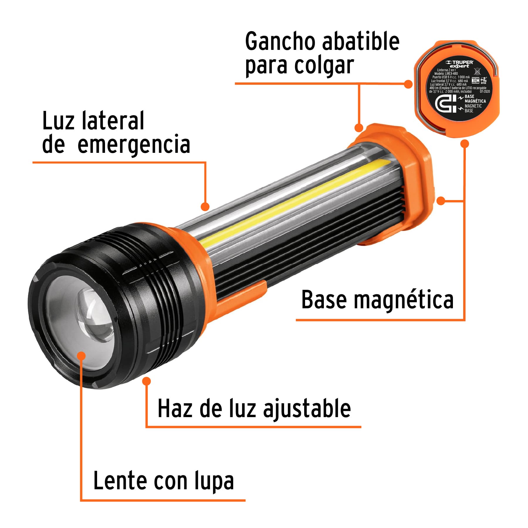 Linterna recargable con luz emergencia 480lm expert marca Truper – Lumi  Material Electrico