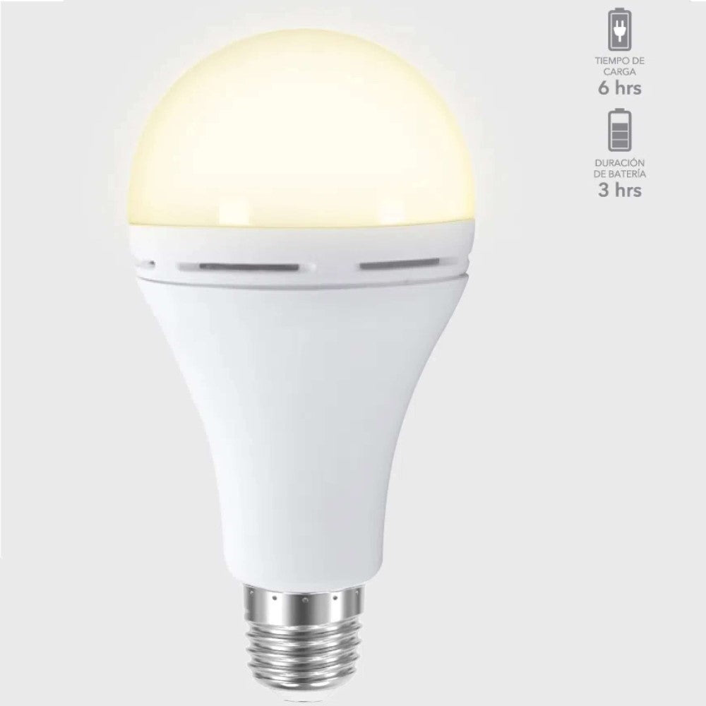 Foco recargable LED A19, 9W, blanco calido, base E27, SKU